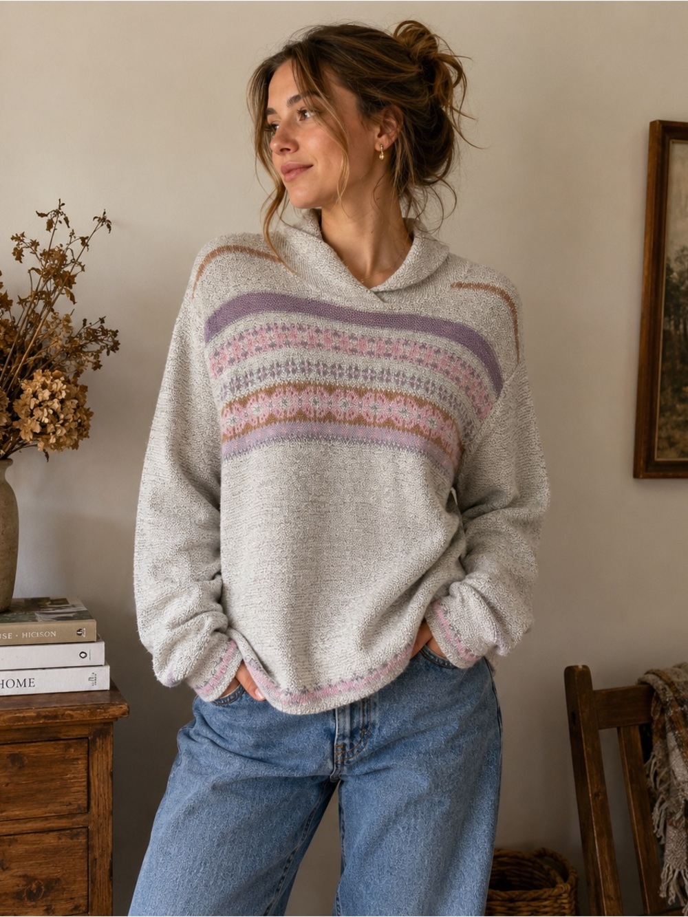 Woolrich Fair Isle Sweater Shawl Collar Cozy Grandma Core Cottagecore Medium